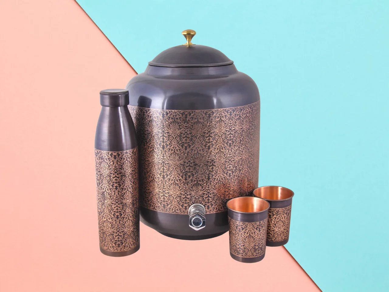copper matka or water dispenser and bottles.