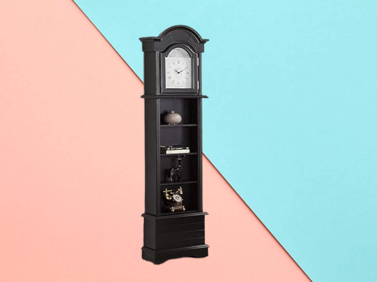 wooden floor and grandfather clocks.